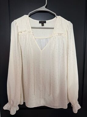 Anthropologie Cream Long-Sleeve V-Neck Women’s top with Subtle Dot Detail